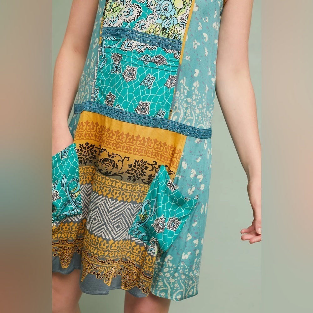 Tiny for Anthropologie Scarf Printed Tunic Dress Crochet Front Pockets Small - Picture 3 of 15